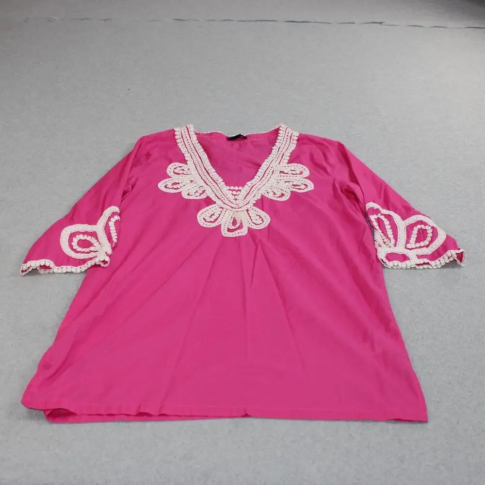 J Crew Shirt Women Large Pink Crochet Tunic 3/4 Sleeve Boho Coastal Lagenlook